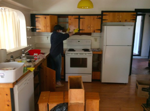 Scrubbing away a decade of thick, black grime from the kitchen cupboards.