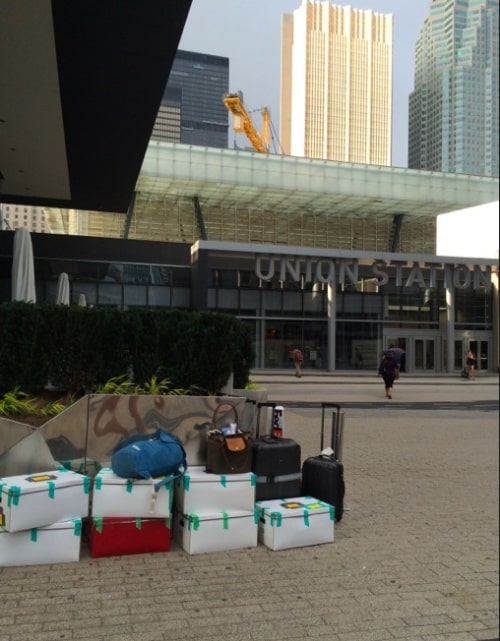 Our life in boxes and bags waiting for our Vancouver-to-Toronto train at Union Station. We could take more stuff with us this way. 