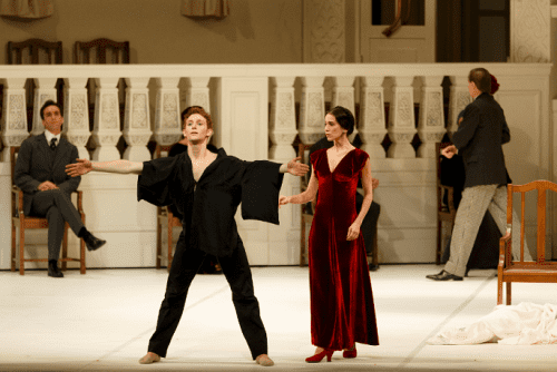 Skylar Campbell and Sonia Rodriguez in Nijinsky. Photo by Bruce Zinger. (Nijinsky in his komono and Romola in her red dress)