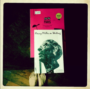  after spending close to two hours (maybe more?) at #shakespeareandcompany, this is what i walked away with: henry miller on writing and the spring/summer edition of @_gogoparis. (why are my feet in this photo? because they have been essential in getting me around and they are happy and tired and deserve a little insta-love. further, if i had a bigger bag, i might have borrowed the resident giant white cat for a sleepover, alas it was not and i did not.)#literaryheaven #thebestofinsiderparis#twofeetandaheartbeat