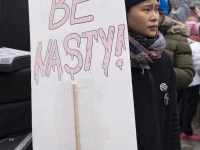 TORONTO, ON: Women's March Toronto. Saturday January 20th 2017. Queen's Park followed by March to US Consulate followed by City Hall. Speakers and musicians present. 50,000 + people in attendance. Photos by Solana Cain