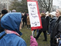 TORONTO, ON: Women's March Toronto. Saturday January 20th 2017. Queen's Park followed by March to US Consulate followed by City Hall. Speakers and musicians present. 50,000 + people in attendance. Photos by Solana Cain