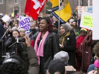 TORONTO, ON: Women's March Toronto. Saturday January 20th 2017. Queen's Park followed by March to US Consulate followed by City Hall. Speakers and musicians present. 50,000 + people in attendance. Photos by Solana Cain