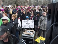 TORONTO, ON: Women's March Toronto. Saturday January 20th 2017. Queen's Park followed by March to US Consulate followed by City Hall. Speakers and musicians present. 50,000 + people in attendance. Photos by Solana Cain