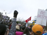 TORONTO, ON: Women's March Toronto. Saturday January 20th 2017. Queen's Park followed by March to US Consulate followed by City Hall. Speakers and musicians present. 50,000 + people in attendance. Photos by Solana Cain